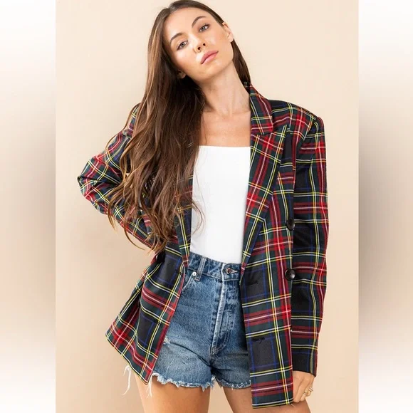 04 Chic Plaid Double Breasted Blazer Jacket - Picture 3 of 6